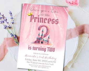 Little Princess Second Birthday Invitation Pink Castle 2nd Girl Birthday Party Invitation Digital Princess Birthday Invite Storybook Tale