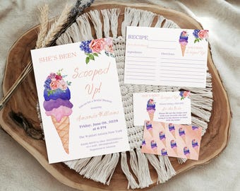 She's Been Scooped Up Bridal Shower Invitation Set Ice Cream Invite Recipe Cards