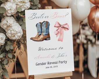 Placa de boas-vindas para revelação do sexo do bebê com botas ou laços, modelo de canto para revelação do sexo do bebê, tema de festa de revelação do sexo do bebê ocidental azul ou rosa