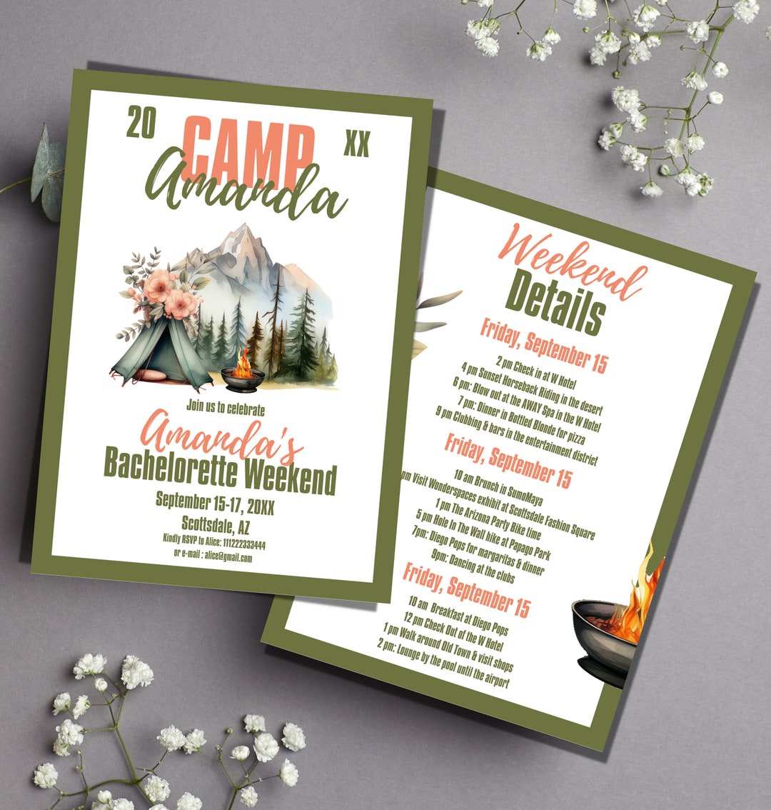 Camp Bachelorette Weekend Itinerary Editable Invitation Digital