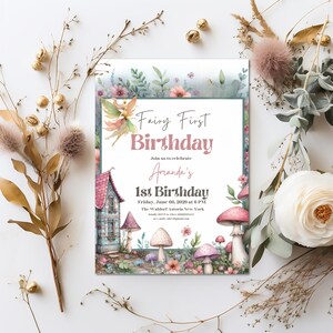 Fairy First Birthday Invitation Digital Whimsical Pink Fairytale Themed Girl 1st Birthday Invite for Enchanted Garden Kids Birthday Party