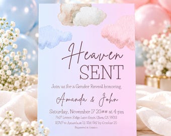 May include: A rectangular gender reveal invitation card with a blue and pink gradient background featuring watercolor clouds. The text reads Heaven SENT, Join us for a Gender Reveal honoring Amanda & John, Saturday, November 17 20## at 4 pm, 7607 Leeton Ridge Lane Santa, Clara, CA 95051, RSVP to Amanda at 111-234-567 by October 20, Registered at Amazon.