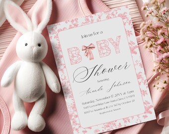 Toile Pink Baby Shower Invitation Digital Girl Template Editable Coquette Bow Theme Brunch
