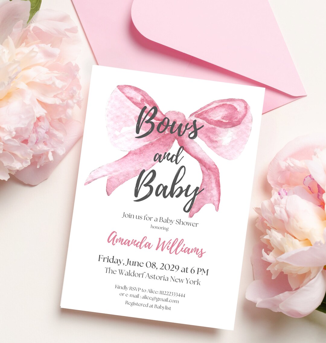 Editable Pink Bows and Baby Shower Invitation Template, Printable It's