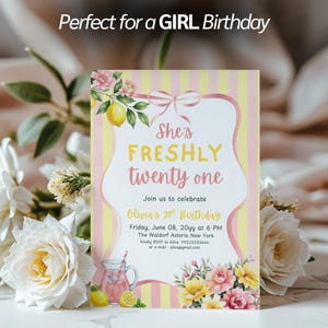 Freshly 21 Birthday Invitation Pink Lemonade Theme 21st Birthday Party Invite Lemon Summer Girl Preppy Yellow Stripes Editable Template image 6