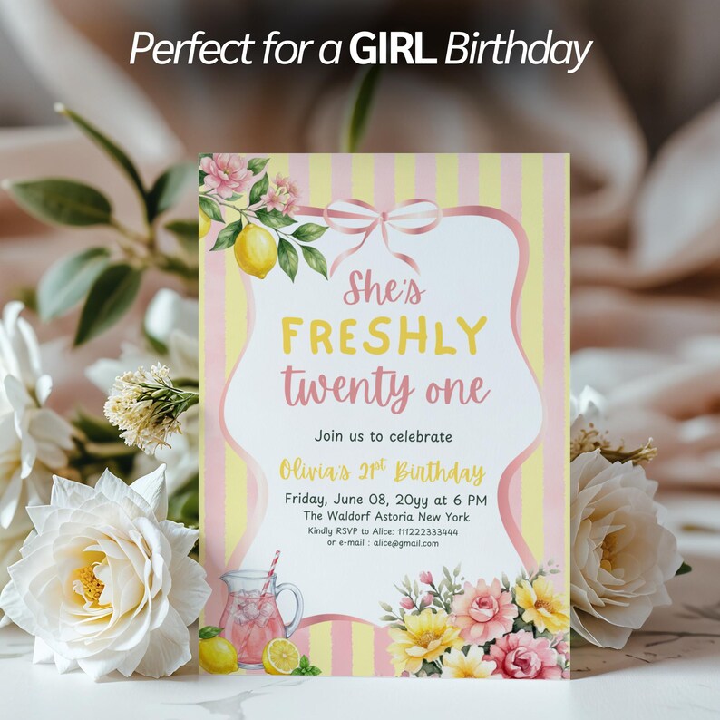 Freshly 21 Birthday Invitation Pink Lemonade Theme 21st Birthday Party Invite Lemon Summer Girl Preppy Yellow Stripes Editable Template image 6