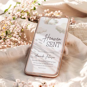 Heaven Sent Baby Shower Invitation Phone, Dreamy Blue Cloud 9 Evite Template, Sky Themed Piece of Heaven Baby Shower Electronic Invite