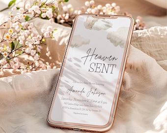 Heaven Sent Baby Shower Invitation Mobile Phone Dreamy Blue Cloud 9 Evite Template Sky Themed Piece of Heaven Baby Shower Electronic Invite
