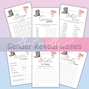 Jeux de révélation de genre bottes ou nœuds, modèle de jeu de révélation de genre il ou elle bleu ou rose, bingo à thème fête sur le thème du genre western, souhaits et conseils