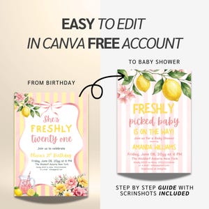 Freshly 21 Birthday Invitation Pink Lemonade Theme 21st Birthday Party Invite Lemon Summer Girl Preppy Yellow Stripes Editable Template image 11