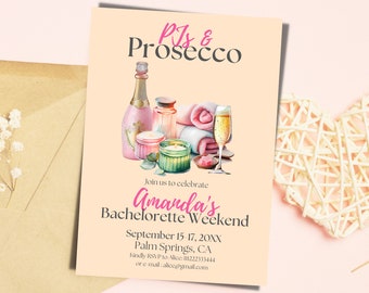 PJs Prosecco Bachelorette Weekend Invitation and Itinerary Spa Themed Canva Template Digital