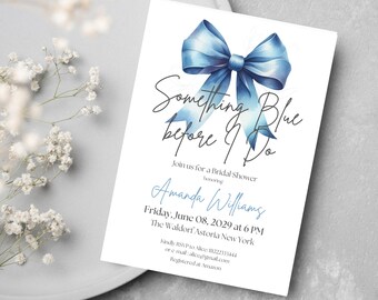 Plantilla de invitación para despedida de soltera con lazo azul, editable. Invitación para despedida de soltera con lazo azul. Tendencia actual. Tema de lazo azul
