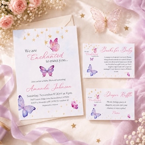 Enchanted to Meet You Baby Shower Invitation Butterfly Books for Baby, Diaper Raffle Cards