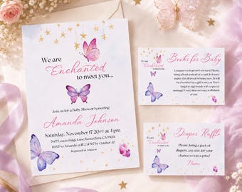 Zaproszenie na baby shower "Enchanted to Meet You", książki o motylach dla dziecka, karty do losowania pieluszek