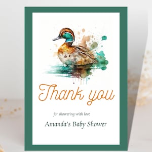 Modèle de toile de carte de remerciement pour baby shower de canard colvert encadré vert, décoration de faveur de shower de bébé chasse aux canards, idée de thème fête un canard porte-bonheur
