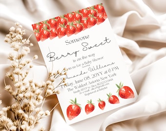 Strawberry Baby Shower Invitation Digital Template Berry Sweet Gender Neutral Party