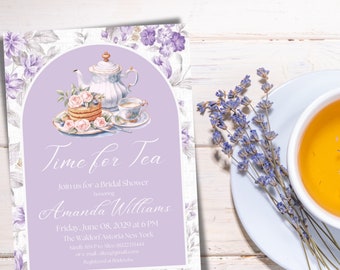 Editable Tea Party Bridal Shower Canva Template Invite, Floral Purple Theme Printable Time for Tea Lavender Brunch Invitation Digital Prints