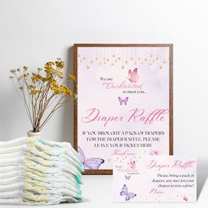 Verzaubert, Sie zu treffen Baby Shower Bundle Canva Templates Mädchen-Baby-Dusche-Spiele, Lila Schmetterling Windel Lotterie-Karte und Schild