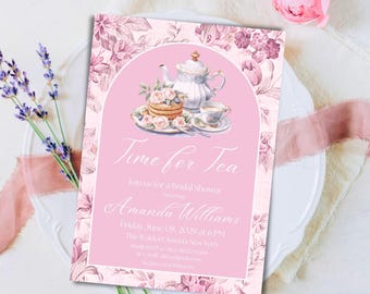 Bearbeitbare Brautdusche Einladung Vorlage Florale Zeit für Tee Brunch Toile De Jouy Einladen