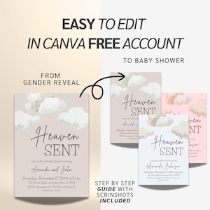 May include: A digital invitation design for a baby shower or gender reveal. The design features the text "Heaven Sent" with watercolor clouds. The invitation includes event details and instructions for editing in Canva.