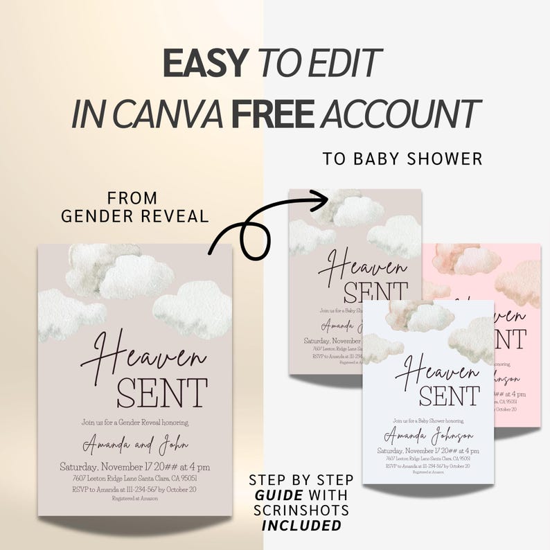 May include: A digital invitation design for a baby shower or gender reveal. The design features the text "Heaven Sent" with watercolor clouds. The invitation includes event details and instructions for editing in Canva.