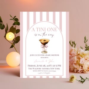 Retro A Tiny One Baby Shower Invitation Digital Girl Coquette Pink Bow Shower Invite Espresso Martini Baby is Brewing Coffee Theme Party