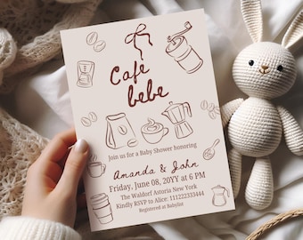 May include: A beige baby shower invitation with brown illustrations of coffee-related items, including coffee beans, a coffee grinder, and a coffee pot. The text reads "Cafe bebe" and invites guests to a baby shower for Amanda & John.