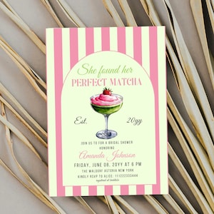 Perfect Matcha Bridal Shower Invitation Digital Retro Bridal Shower Invite Pink Strawberry Matcha Cocktail Brunch Invitation Template Canva