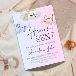 Invitación digital para revelación de género enviada por el cielo, plantilla de invitación de revelación de género de ensueño en azul o rosa Cloud Nine 9, fiesta de niño o niña con temática del cielo