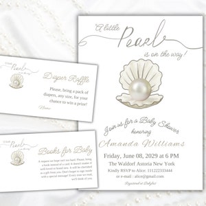 Paquete de invitación Little Pearl Under the Sea Plantillas Canva, Boleto para rifa de pañales Pearlcore Girl Baby Shower, Libros para tarjeta de bebé digital