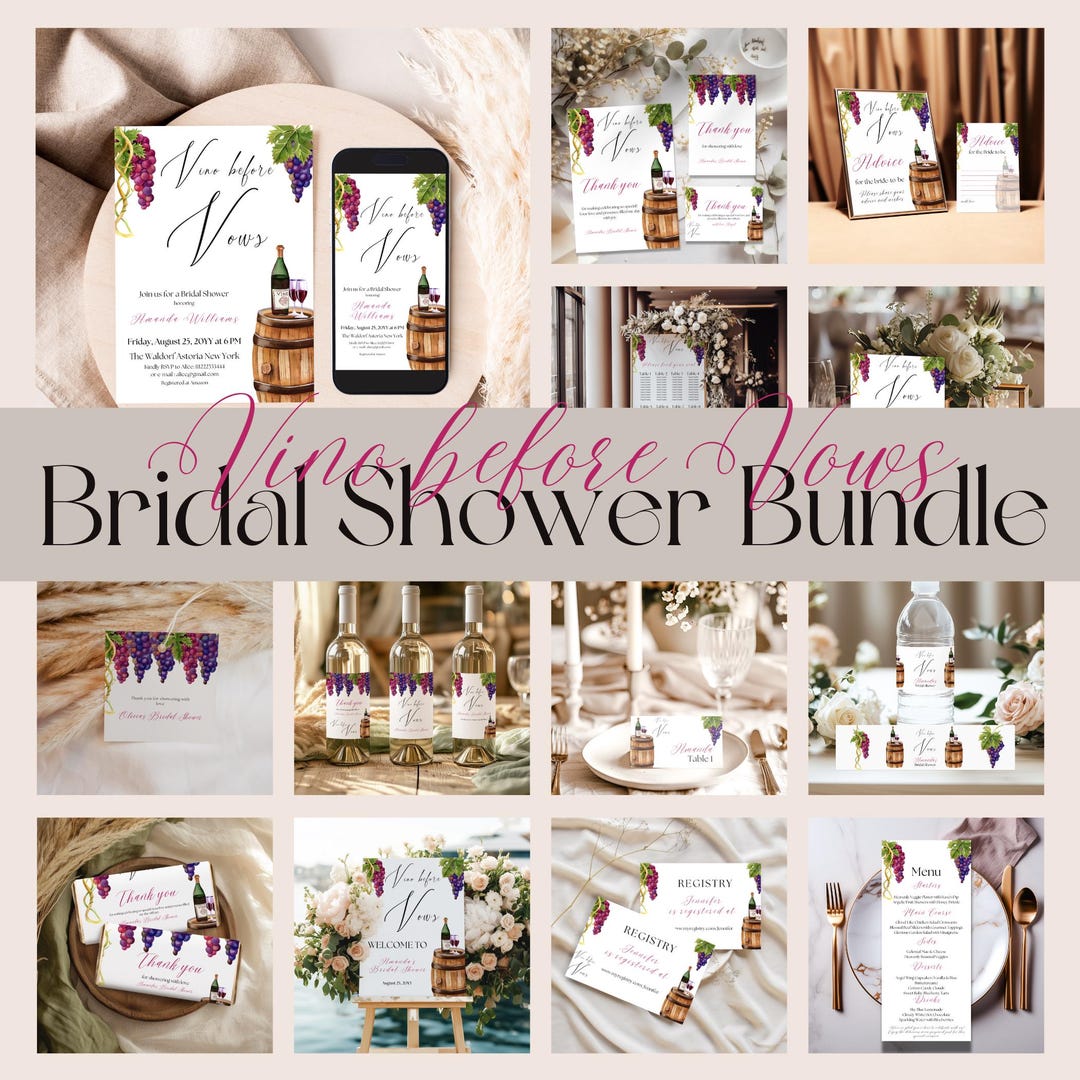 Vino Before Vows Bridal Shower Bundle, Winery Theme Invitation Canva ...