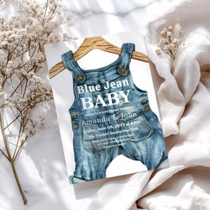 Invitation baby shower bleu jean garçon modèle de fête sur le thème western corde à linge Invitation baby shower numérique vêtements de bébé carte d'invitation en denim