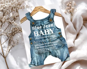 Blue Jean Baby Shower Invitation Boy Western Themed Party Template Clothesline Baby Shower Invite Digital Baby Clothes Denim Invitation Card