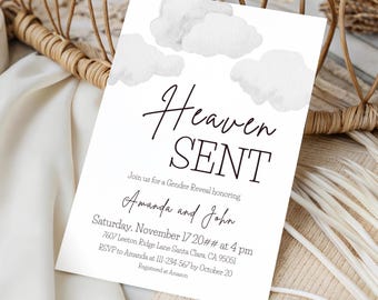 Heaven Sent Gender Reveal Invitation Digital Template He or She Cloud Theme Neutral Invite