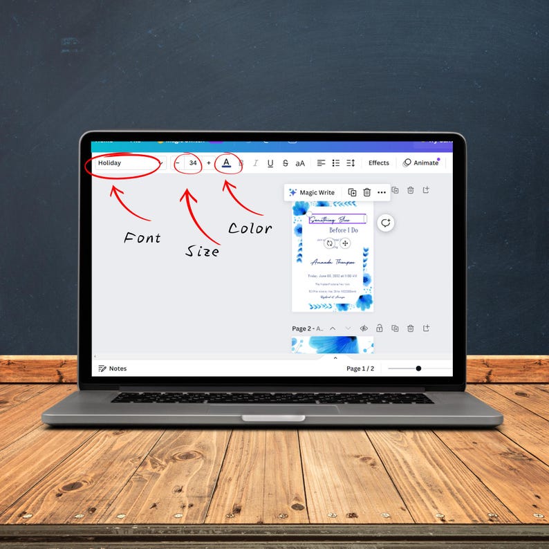 May include: A laptop screen displaying a graphic design interface with a wedding invitation template. The interface shows text editing tools labeled Font, Size, and Color with red circles and arrows pointing to the corresponding menu options.