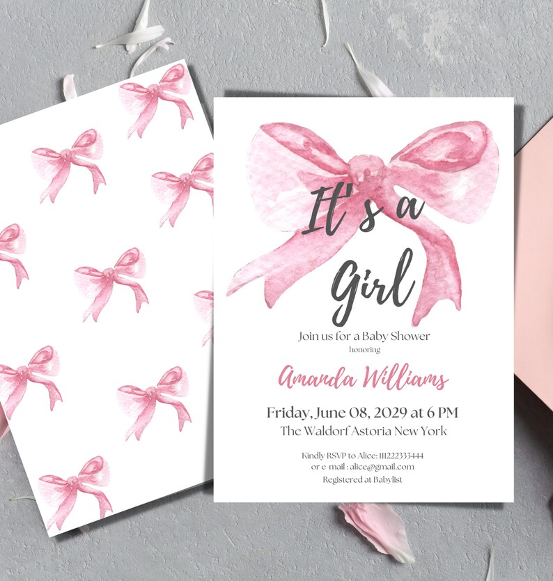 Editable Pink Bow Baby Shower Invitation Template, Printable It's a ...
