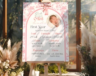 Girl 1st Birthday Poster Toile Pink Bow Milestone Sign Girls Just Wanna Be ONE