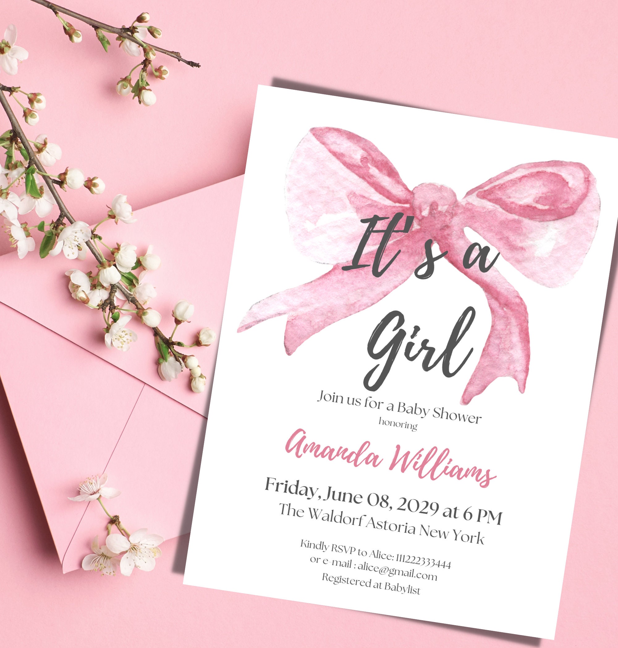 Editable Pink Bow Baby Shower Invitation Template, Printable It's a ...