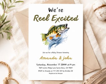 Invitación para baby shower con temática de pesca, Invitación para baby shower de niño con temática de pesca, Plantilla editable de Canva para pequeño pescador