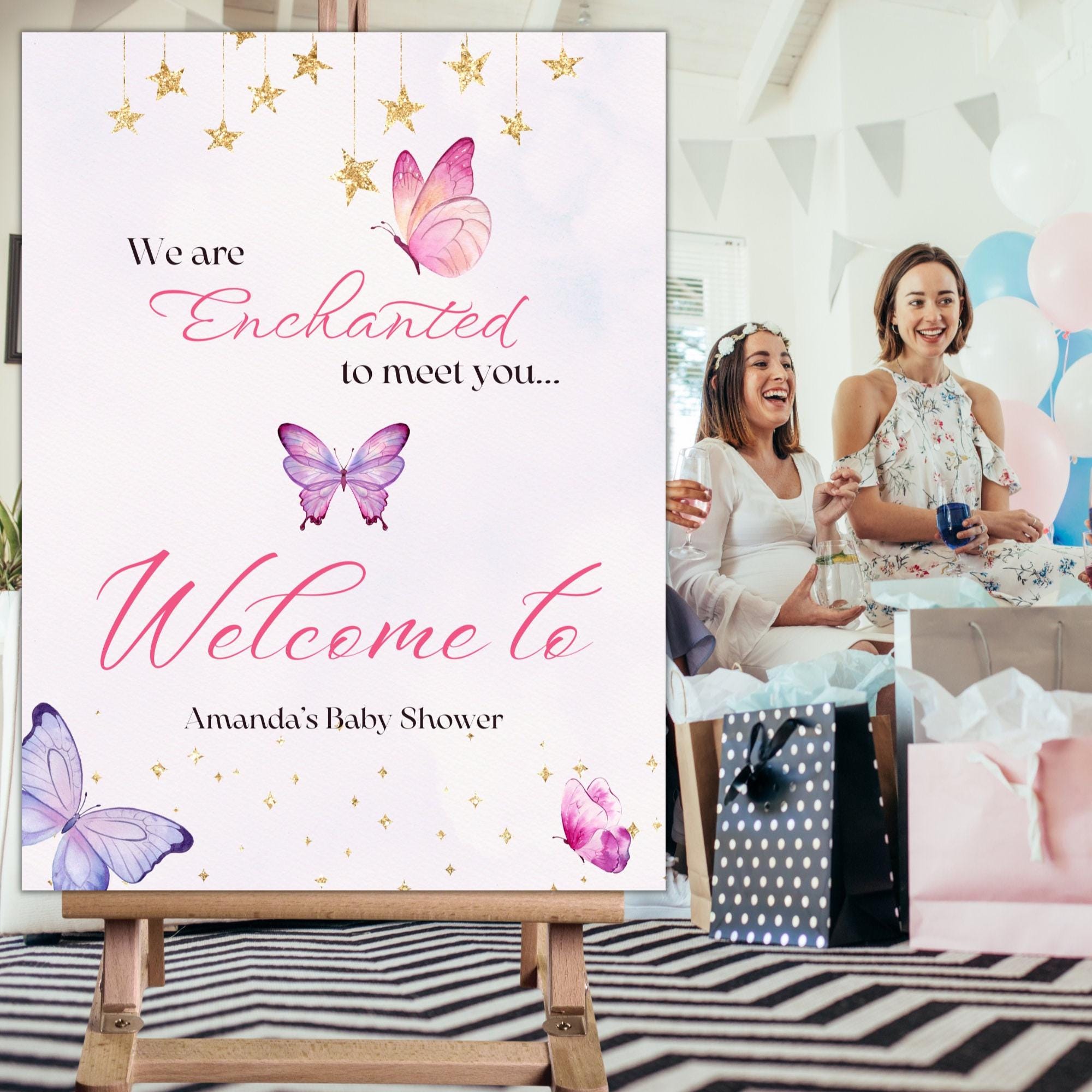 Cartello di benvenuto per baby shower a forma di farfalla: Enchanted to Meet You Shower (modello modificabile e stampabile) 08V4 - Italia
