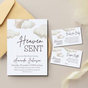 Heaven Sent Baby Shower Bundle Invitation Digital, Cloud Nine Sky Themed Party, Piece of Heaven Blue Boy Baby Shower  Invite Template