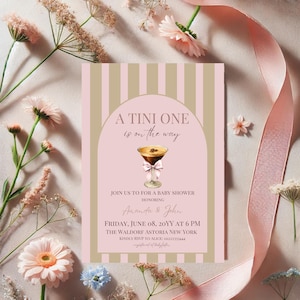Tiny One Espresso Martini Baby Shower Invitation Digital Girl Coquette Pink Bow Shower Invite Retro Stripes Baby is Brewing Coffee Theme