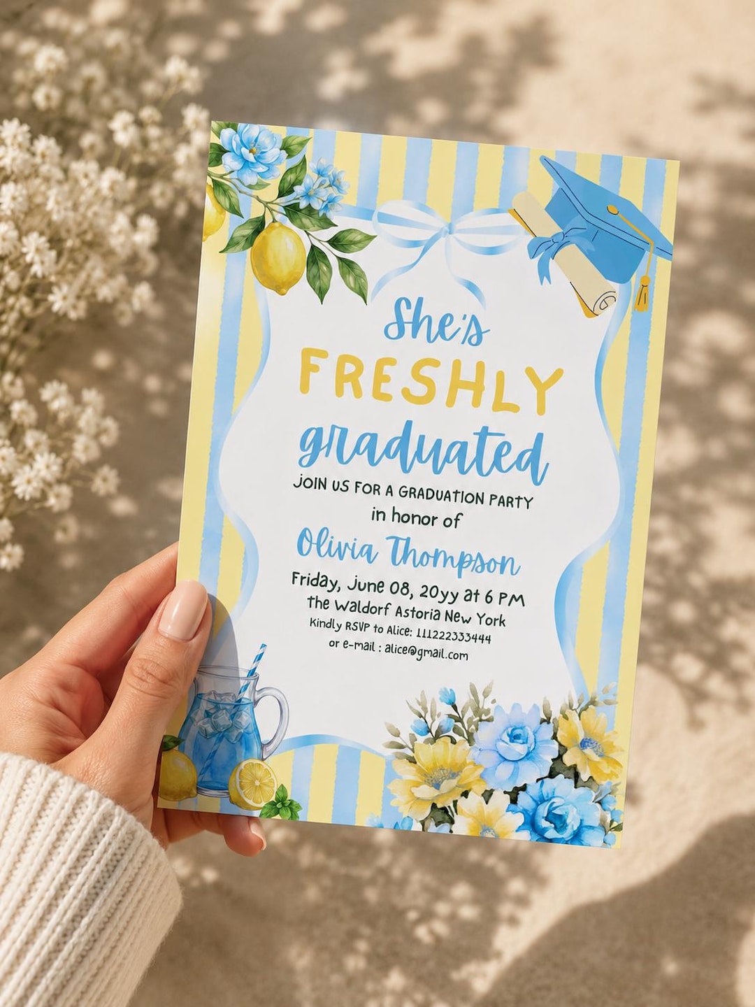 Lemon Graduation Party Invitation Blue Yellow She's Freshly Graduated ...
