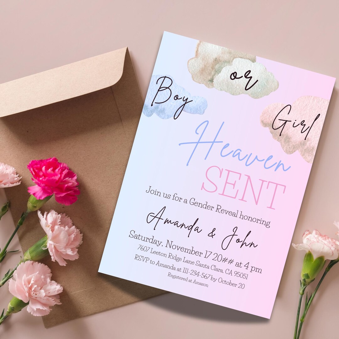 Heaven Sent Gender Reveal Invitation Digital Template Cloud Nine He or ...