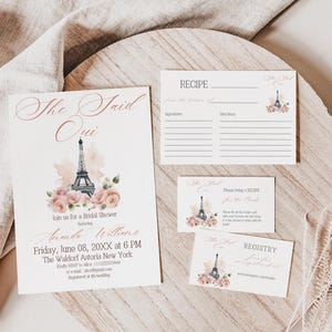 Lot d'invitations florales pour la douche nuptiale à Paris, modèle d'invitation sur le thème parisienne She Said Oui, carte de recette et registre Ooh La La imprimable