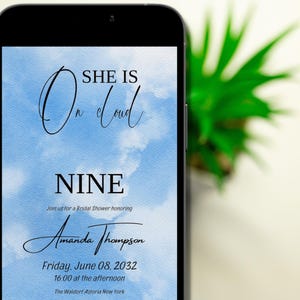 The Bride is On Cloud Nine Mobile Phone Digital Invitation Canva Template, Blue Bridal Shower Brunch Party Invite Instant Download 1080x1920