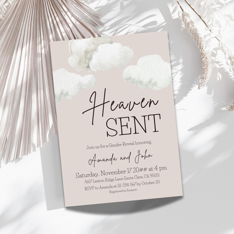 Heaven Sent Gender Reveal Invitation Digital Template He or She Gender Reveal Invite Boy or Girl Clouds Gender Neutral Piece of Heaven Party image 5