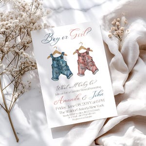 Boy or Girl Gender Reveal Invitation Template He or She Gender Reveal Invite Blue or Pink Clothesline Gender Reveal Party Theme Baby Clothes