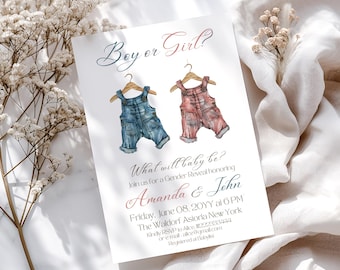 Clothesline Gender Reveal Invitation, Blue or Pink baby Clothes (Digital Template)