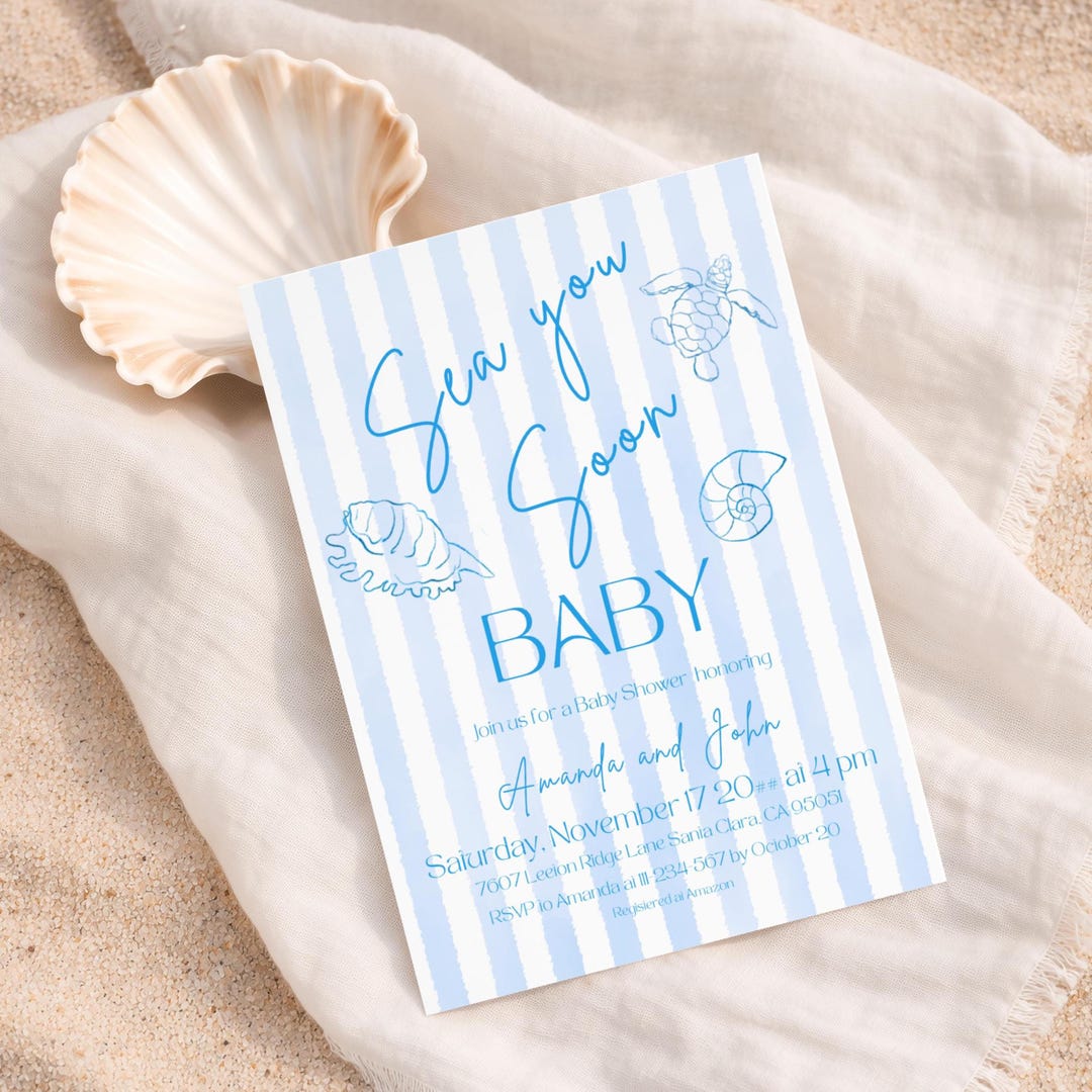 Boy Baby Shower Invitation Blue Stripes Coastal Theme Sea You Soon ...